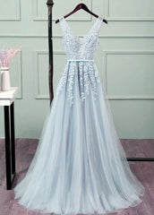 Elegant Wedding, Sliver-Grey Tulle Long Lace V-neckline Party Dress, Floor Length Prom Dress