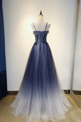 Formal Dresses Long Sleeve, Spaghetti Strap Gradient Tulle Long Formal Dress, Blue Evening Party Dress