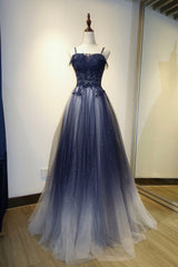 Formal Dresses Summer, Spaghetti Strap Gradient Tulle Long Formal Dress, Blue Evening Party Dress
