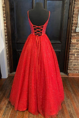 Prom Dress Simple, Spaghetti Straps A-line Red Shiny Prom Gown,Long Prom Dresses