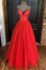 Prom Dresses Simple, Spaghetti Straps A-line Red Shiny Prom Gown,Long Prom Dresses