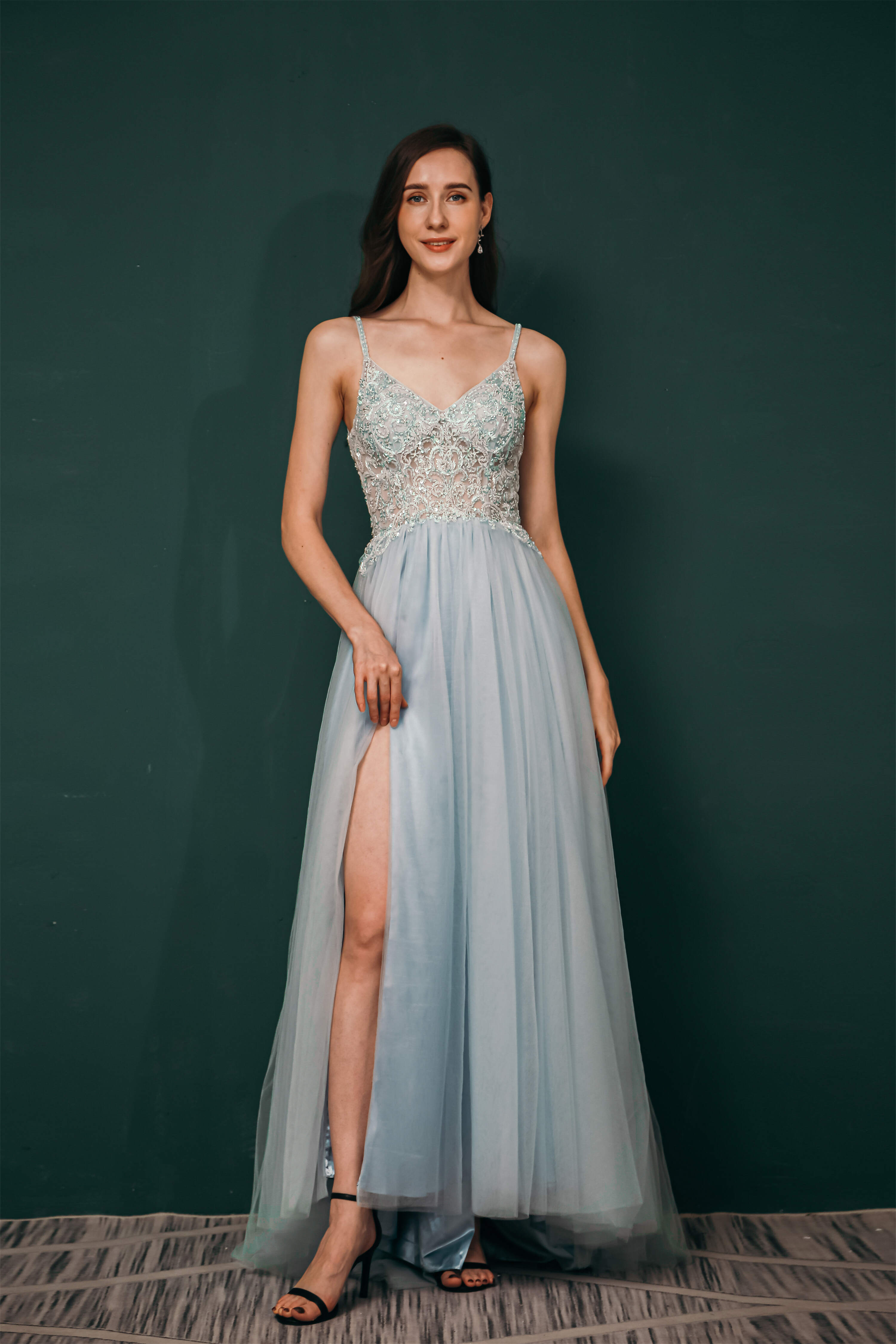 Silk Wedding Dress, Spaghetti Straps Beading Front Split Long Sky Blue Prom Dresses