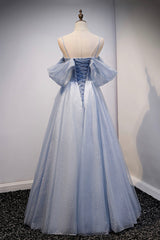 Formal Dress Short, Spaghetti Straps Blue Tulle Long Prom Dress, Off the Shoulder Evening Dress