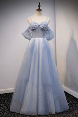 Formals Dresses Short, Spaghetti Straps Blue Tulle Long Prom Dress, Off the Shoulder Evening Dress