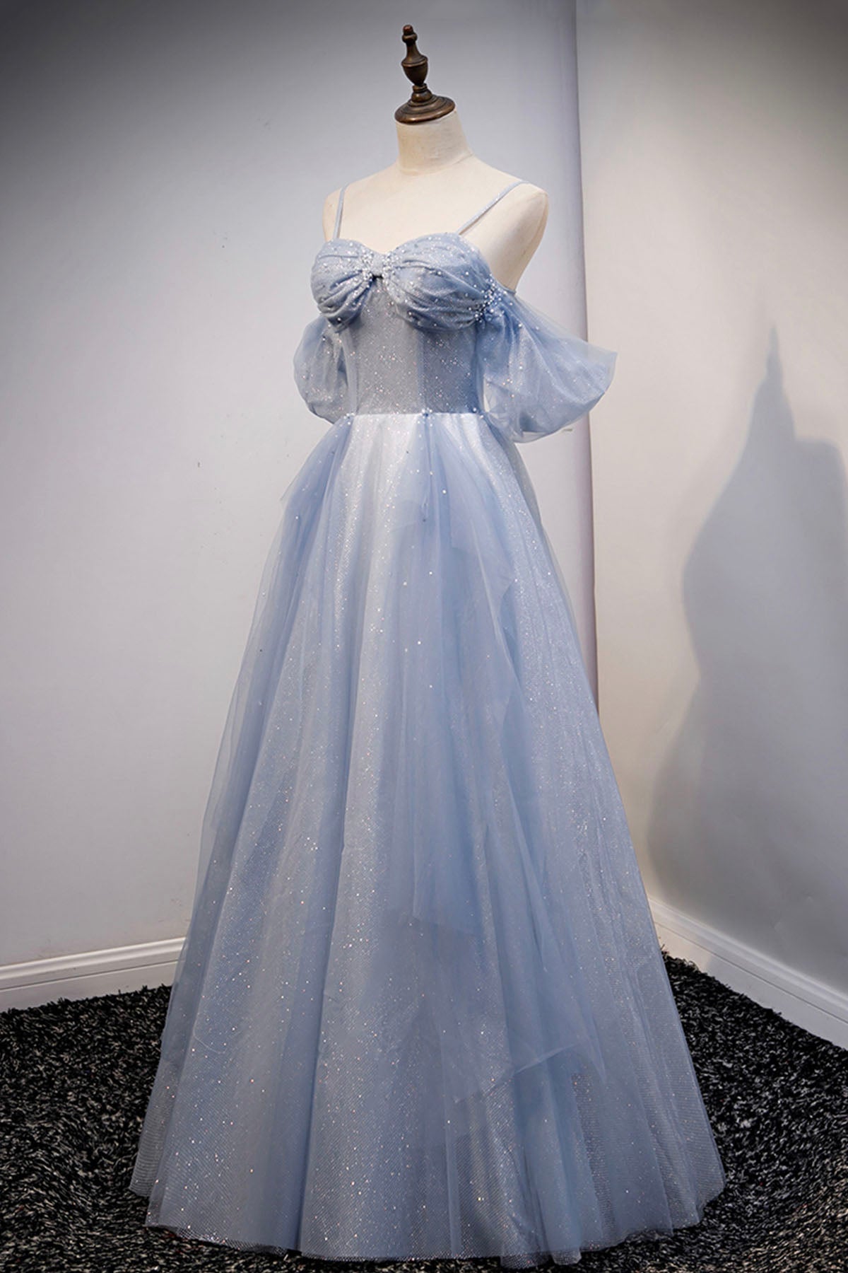 Formal Dress Elegant Classy, Spaghetti Straps Blue Tulle Long Prom Dress, Off the Shoulder Evening Dress