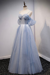 Formal Dress Elegant Classy, Spaghetti Straps Blue Tulle Long Prom Dress, Off the Shoulder Evening Dress