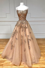 Long Dress, Spaghetti Straps Champagne Lace Tulle Long Prom Dress, Champagne Lace Formal Evening Dress, Champagne Ball Gown