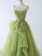 Bachelorette Party Games, Spaghetti Straps Green Tulle Long Prom Dresses, Green Tulle Long Formal Evening Dresses