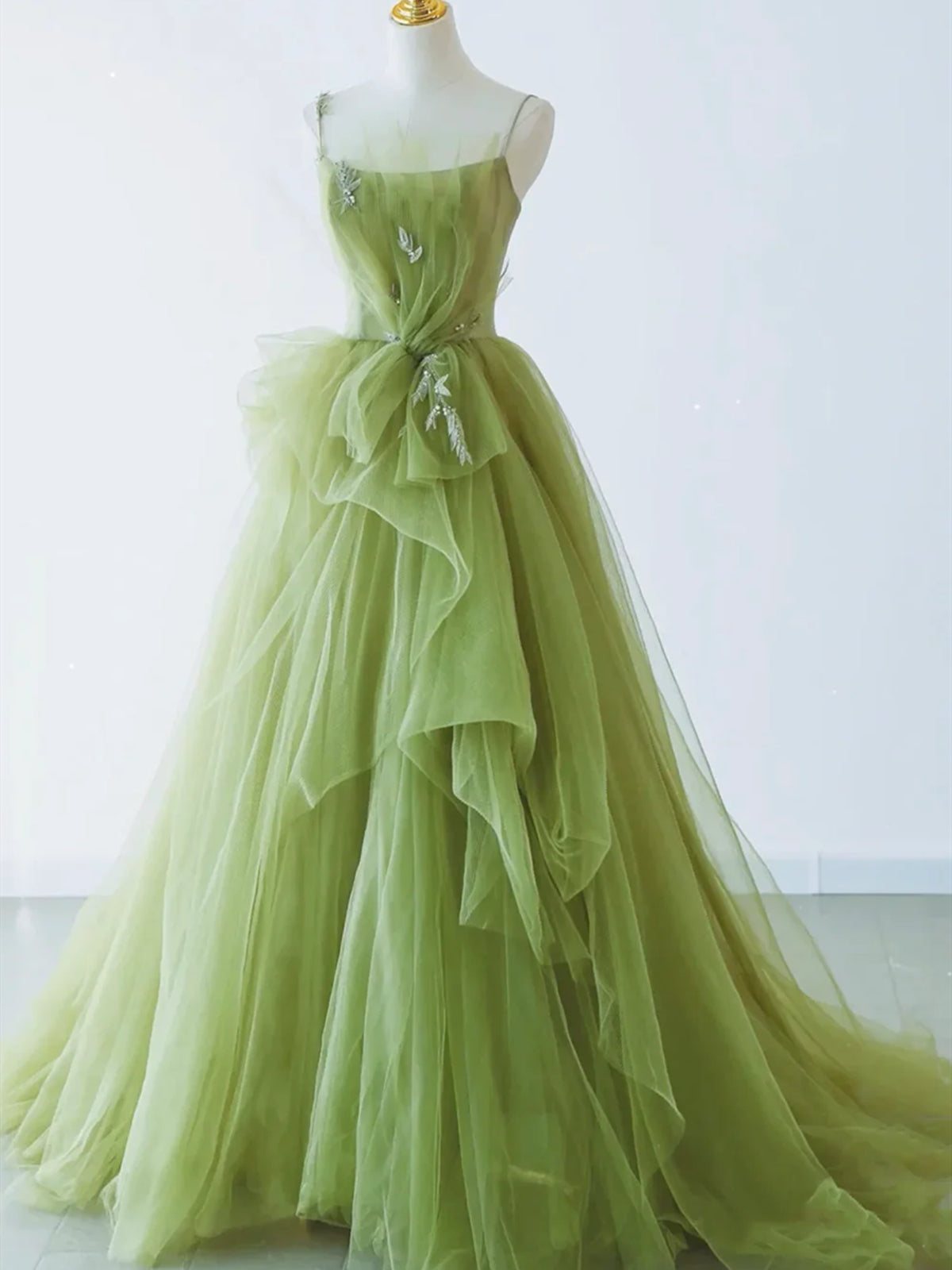 Short Wedding Dress, Spaghetti Straps Green Tulle Long Prom Dresses, Green Tulle Long Formal Evening Dresses