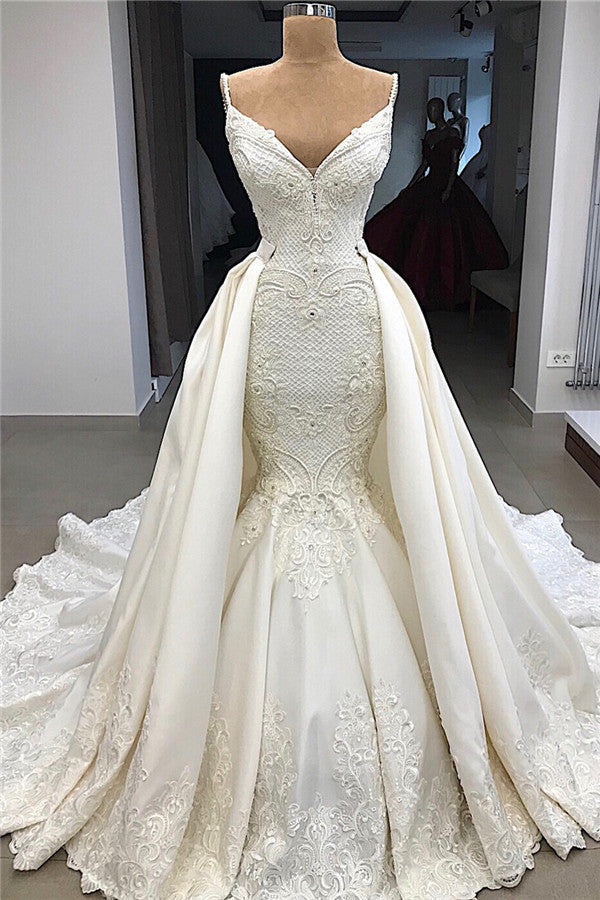 Wedding Dresses For Bride, Spaghetti Straps Lace Fit and Flare Wedding Dresses Overskirt Appliques Detachable Satin Backless Bridal Gowns