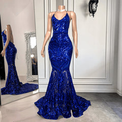 Bridesmaid Dresses Mismatched Neutral, Spaghetti-Straps Royal Blue Long Mermaid Prom Dress With Sequins