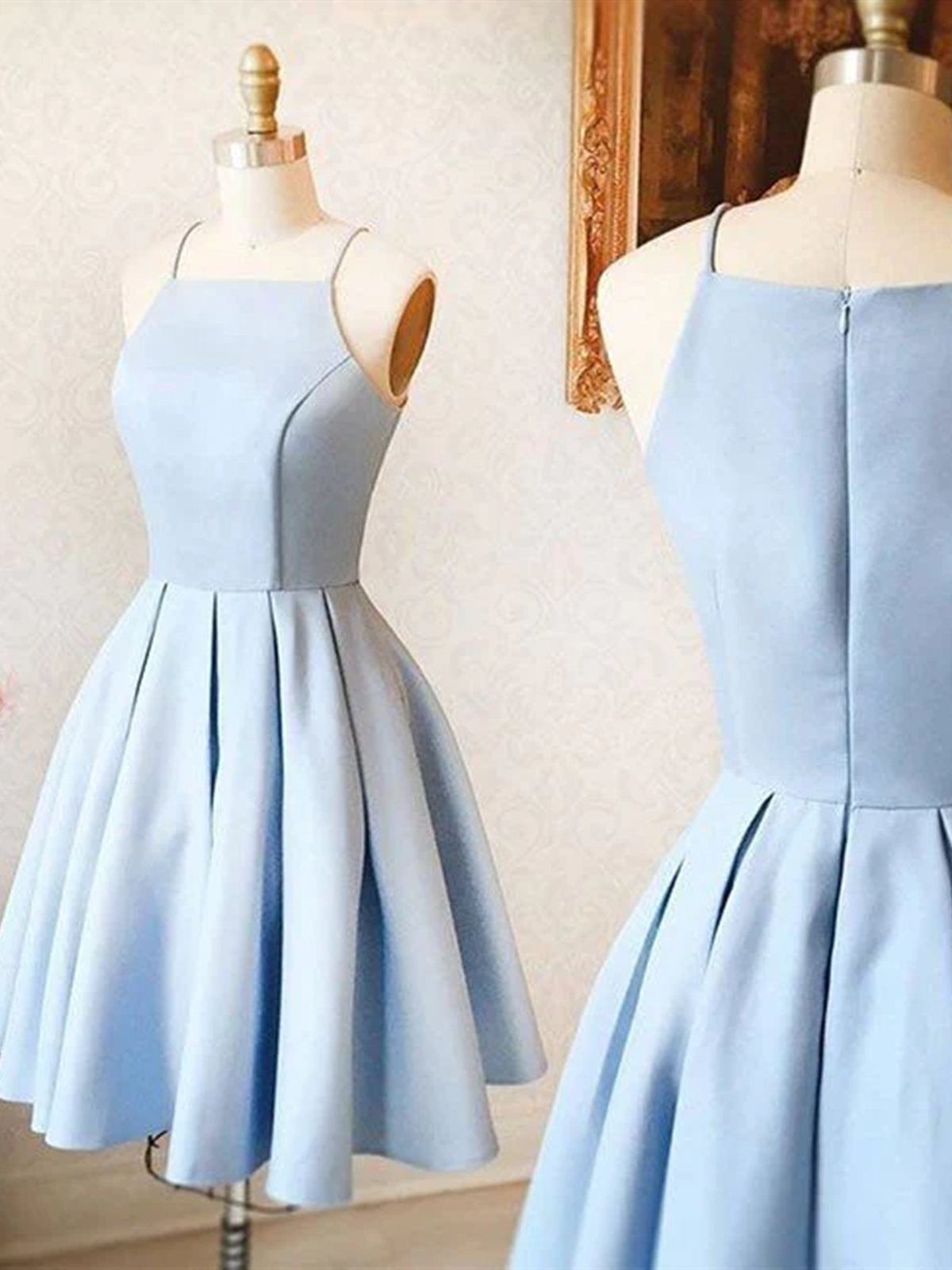 Party Dress Jeans, Spaghetti Straps Short Light Blue Prom Dresses, Short Light Blue Graduation Homecoming Dresses