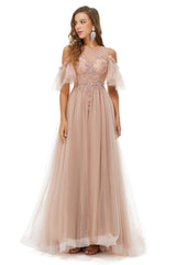 Prom Dress Boho, Sparkle Beaded Cool Shoulder A-Line Beaded Prom Dresses