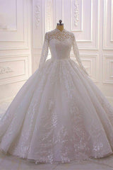 Wedding Dresses Shopping, Sparkle Lace Ball Gown High Neck Tull Long Sleevess Wedding Dress