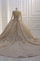 Wedding Dress With Lace, Sparkle Lace Long Sleevess Champange Luxurious corset Wedding Dress