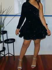 Formals Dresses Short, Sparkly Sequin Cocktail Dresses Short A Line One Shoulder African Women Formal Long Sleeve Homecoming Dress