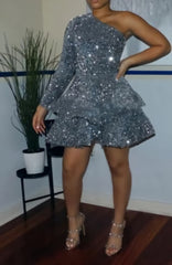 Formall Dresses Short, Sparkly Sequin Cocktail Dresses Short A Line One Shoulder African Women Formal Long Sleeve Homecoming Dress