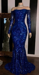 Formal Dresses Long, Sparkly Sequined Mermaid African Prom Dresses Royal Blue Long Sleeve Graduation Formal Dress Plus Size Evening Gowns
