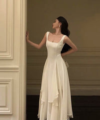 Burgundy Prom Dress, Square Neck White Asymmetric A-Line Long Evening Dress