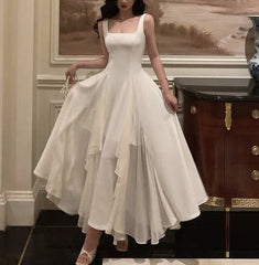 Dress To Wear To A Wedding, Square Neck White Asymmetric A-Line Long Evening Dress