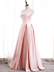 Prom Outfit, Strapless A-line Pink Satin Prom Dresses, Pink Satin Long Party Dress