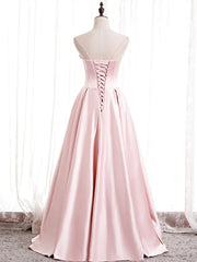 Flowy Dress, Strapless A-line Pink Satin Prom Dresses, Pink Satin Long Party Dress