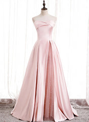 Girlie Dress, Strapless A-line Pink Satin Prom Dresses, Pink Satin Long Party Dress