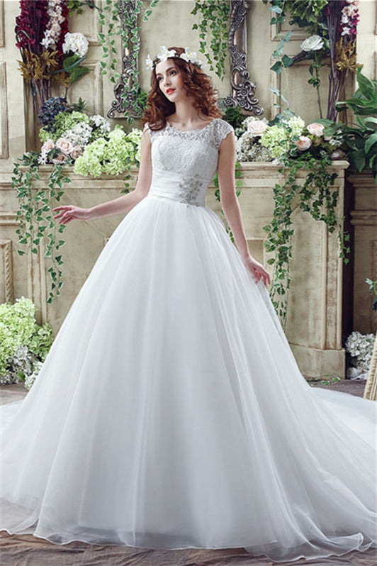 Wedding Dresses Store, Strapless Appliques Lace Train Wedding Dresses With Crystals