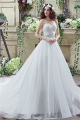 Wedding Dresses No Sleeves, Strapless Beading Train Wedding Dresses With Crystals