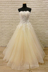 Formal Dress Styles, Strapless Champagne Long Prom Dresses with Lace Appliques, Champagne Lace Formal Evening Dresses