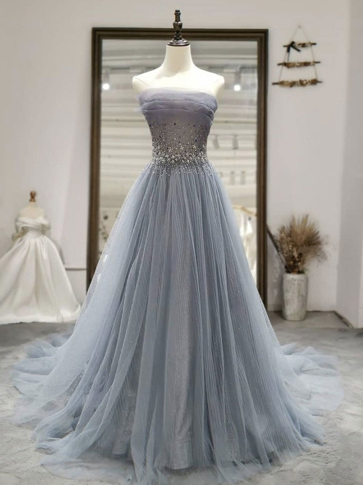 Formal Dress Outfits, Strapless Gray Tulle Long Prom Dresses, Strapless Gray Long Formal Evening Dresses