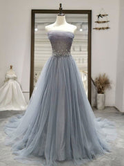 Formal Dress Outfits, Strapless Gray Tulle Long Prom Dresses, Strapless Gray Long Formal Evening Dresses