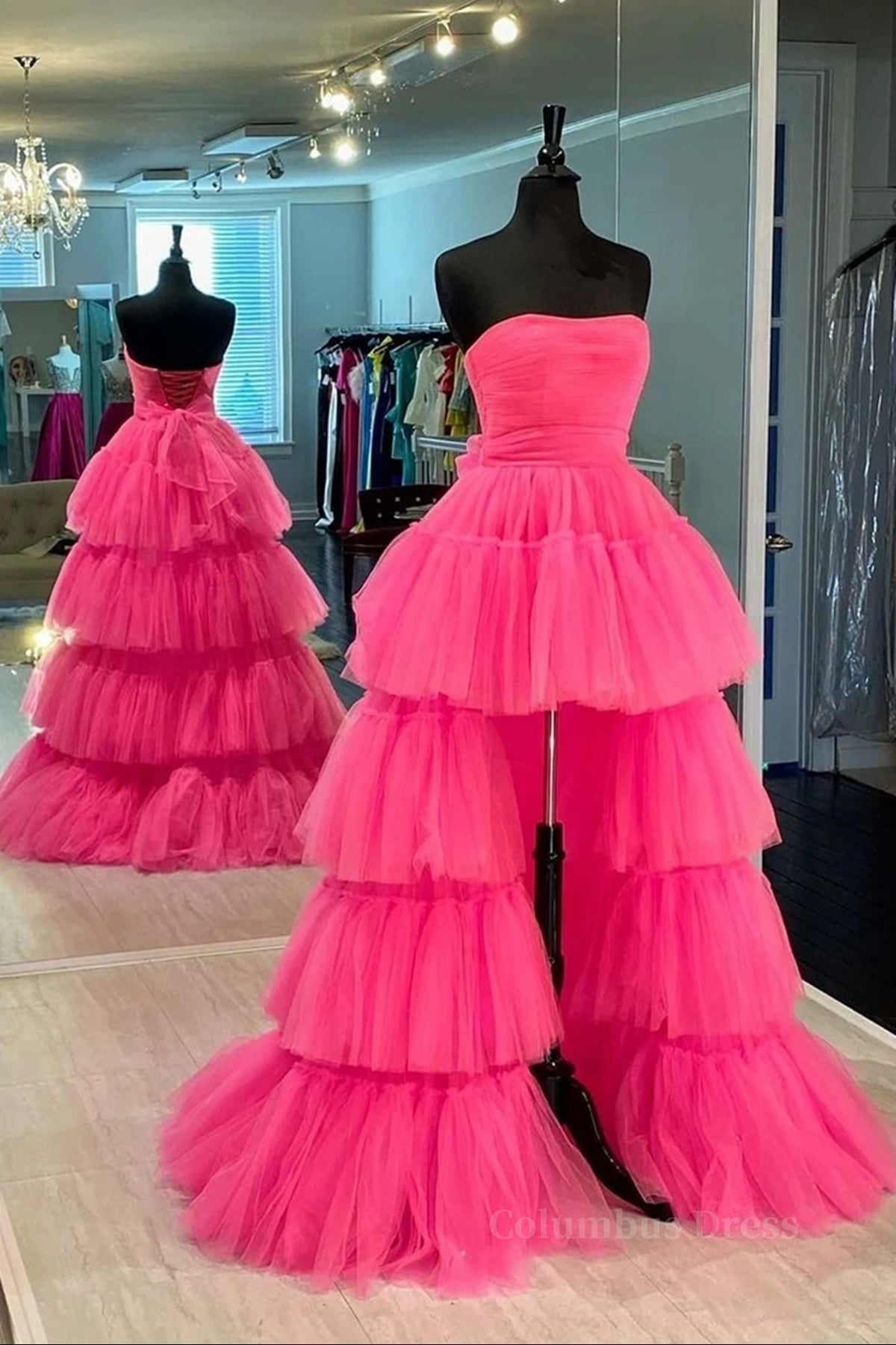 Formal Dresses Corset, Strapless Hot Pink High Low Prom Dresses, Hot Pink High Low Formal Homecoming Dresses