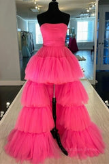 Formal Dresses Cocktail, Strapless Hot Pink High Low Prom Dresses, Hot Pink High Low Formal Homecoming Dresses