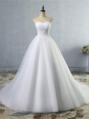 Wedding Dress Online, Strapless Lace Appliques Ball Gown Wedding Dresses Sleeveless Bridal Gowns with Sweep Train