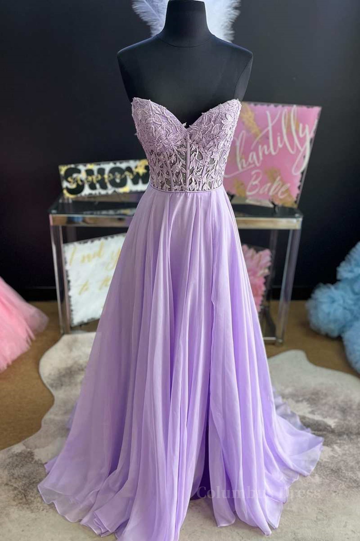 Wedding Ideas, Strapless Purple Tulle Lace Long Prom Dress, Lavender Lace Formal Dress, Purple Evening Dress