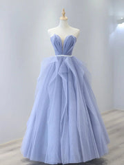 Bridal Bouquet, Strapless Purple Tulle Long Prom Dresses, A-Line Purple Long Formal Evening Dress