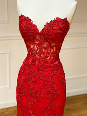 Ball Dress, Strapless Red Lace Mermaid Long Prom Dresses, Red Mermaid Long Lace Formal Evening Dresses