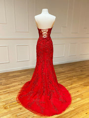 Spring Wedding Color, Strapless Red Lace Mermaid Long Prom Dresses, Red Mermaid Long Lace Formal Evening Dresses