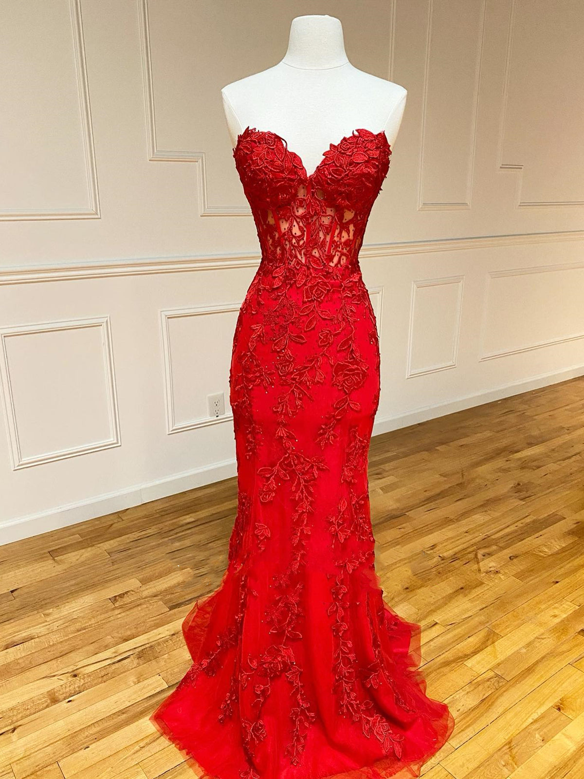 Summer Wedding, Strapless Red Lace Mermaid Long Prom Dresses, Red Mermaid Long Lace Formal Evening Dresses