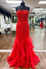 Formal Dress With Embroidered Flowers, Strapless Red Mermaid Lace Prom Dresses, Red Mermaid Lace Formal Evening Dresses