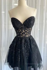 Evening Dresses For Sale, Strapless Short Black Lace Prom Dresses, Short Black Lace Formal Homecoming Dresses