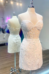 Formal Dresses For Middle School, Strapless Short White Lace Prom Dresses, Short White Lace Formal Homecoming Dresses