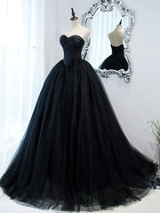 Flower Girl Dress, Strapless Sweetheart Neck Black Tulle Prom Dresses, Black Tulle Formal Gowns