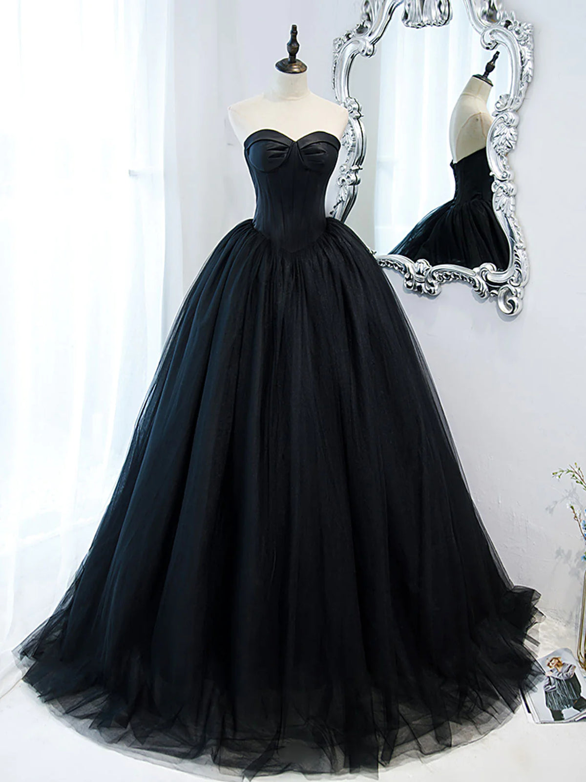 Country Wedding, Strapless Sweetheart Neck Black Tulle Prom Dresses, Black Tulle Formal Gowns