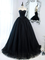 Country Wedding, Strapless Sweetheart Neck Black Tulle Prom Dresses, Black Tulle Formal Gowns