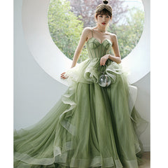 Formal Dresses For Black Tie Wedding, Straps sage green ball gown spring formal prom dress