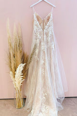 Wedding Dress Tulle, Stunning Long A-Line Spaghetti Straps Tulle Lace Wedding Dress