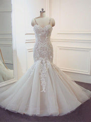 Wedding Dress For Fall Wedding, Stunning Long Mermaid Spaghetti Strap Lace Wedding Dresses