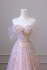 Bridesmaid Gown, Stylish Tulle Sequins Long Prom Dress, A-Line Sweetheart Neckline Evening Dress